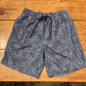 Bass Charcoal Leaf Print Swim Trunks